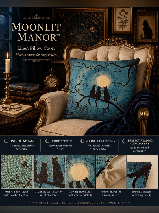 CocoAndCameo Other - Moonlit Black Cats Linen Throw Pillow Cover 18x18 Hidden Zipper Cottagecore